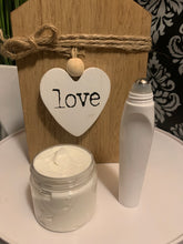 Load image into Gallery viewer, small white clear jar of body cream with white lid, small white roll on perfume bottle